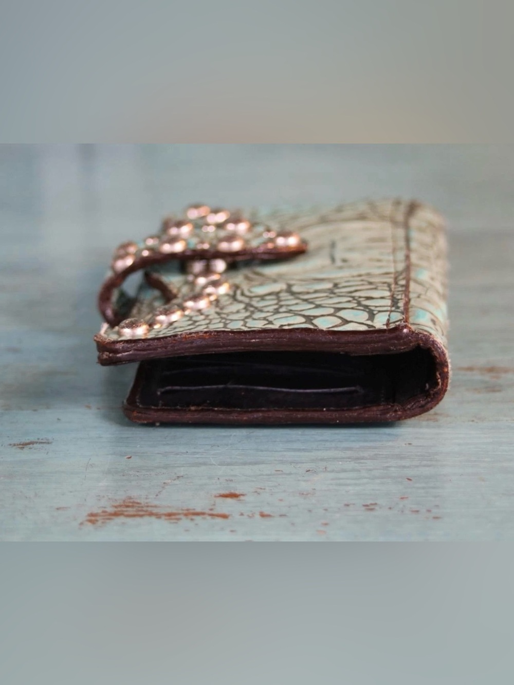 Vintage Double J Saddlery Hand Crafted Turquoise Crocodile Wallet Engraved Studs - Picture 10 of 11